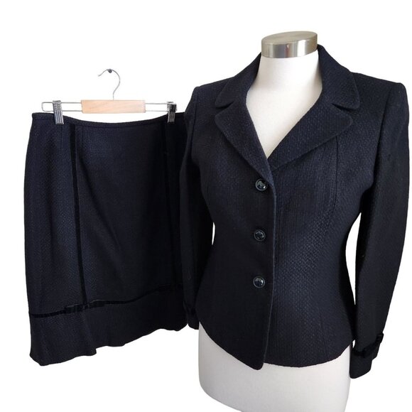 Le Suit Plaid 2 Piece Set Skirt Suit Black Size 6 P Tweed Velvet Trim - Picture 2 of 16